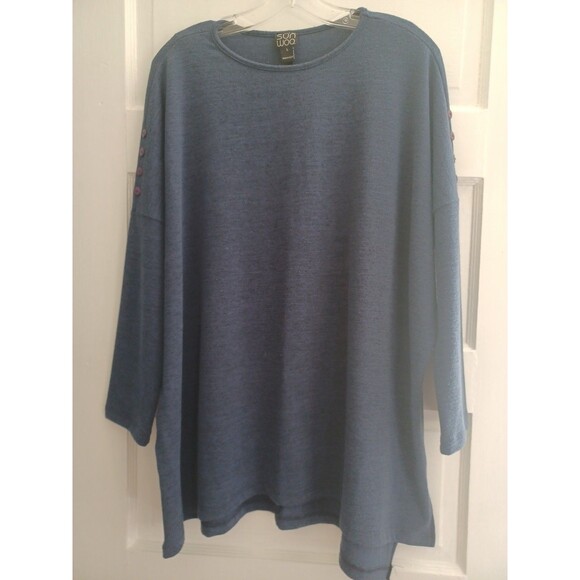 Clara SunWoo blue knit tunic L button accent oversized asymetric minimalist - Picture 1 of 12